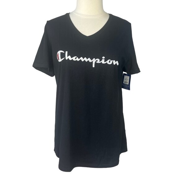 Champion Write Out Tshirt Womens Size 1X Black Vneck Logo Short Sleeves New - Picture 1 of 10